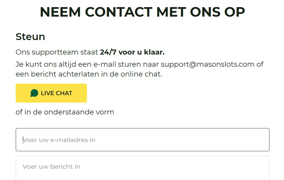 Klantenservice bij Mason Slots – 24/7 live chat en e-mailondersteuning