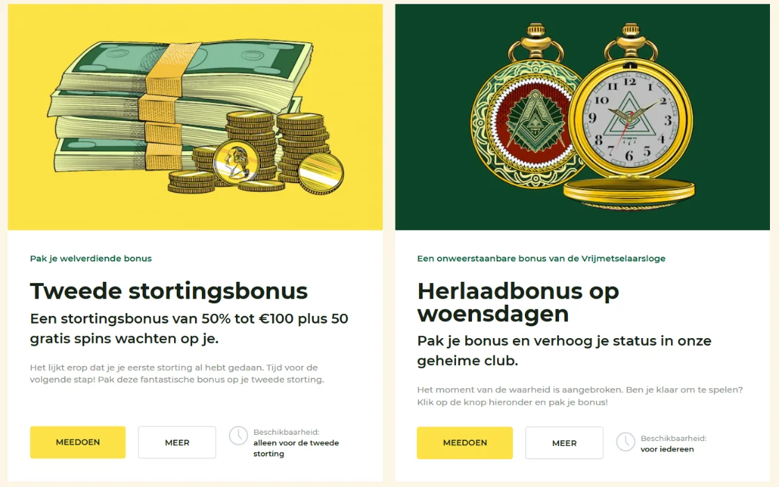 Promoties bij Mason Slots – herlaadbonus, geheime free spins en Drops & Wins